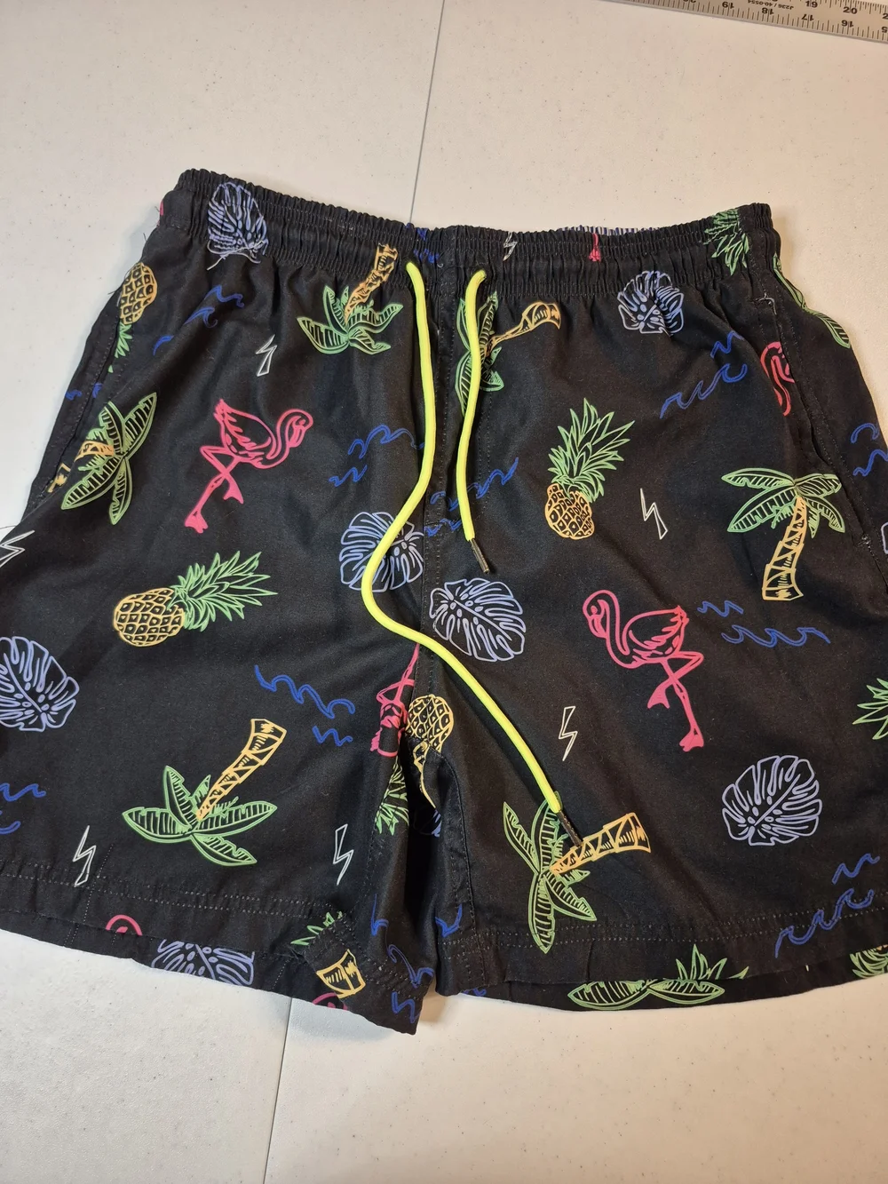 Black Tropical Print Men's Swim Trunks with Neon Yellow Drawstring 4836